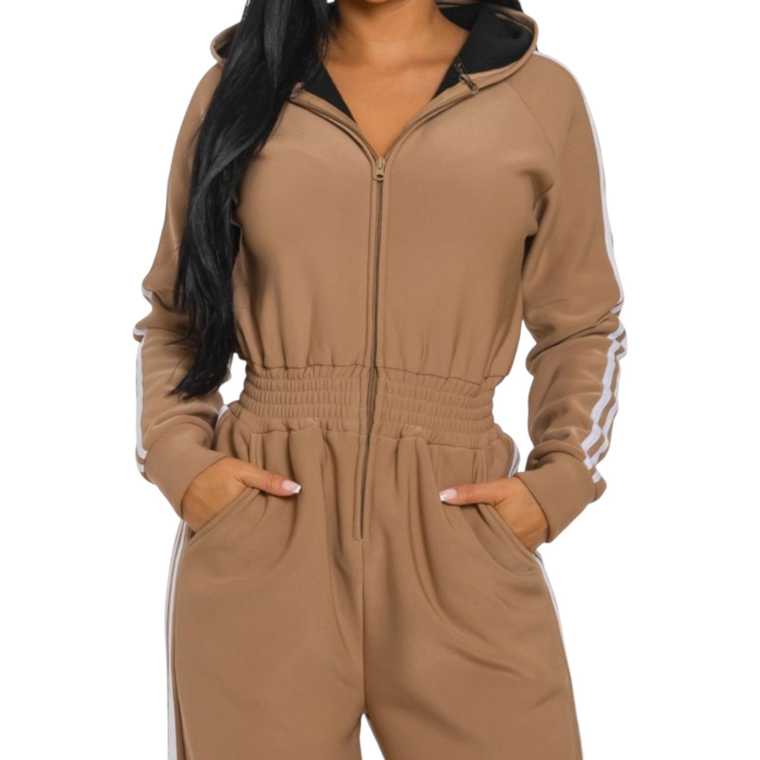 Women’s Luxe Stripe Jumpsuit – Zip-Up Hooded One-Piece - Image 13