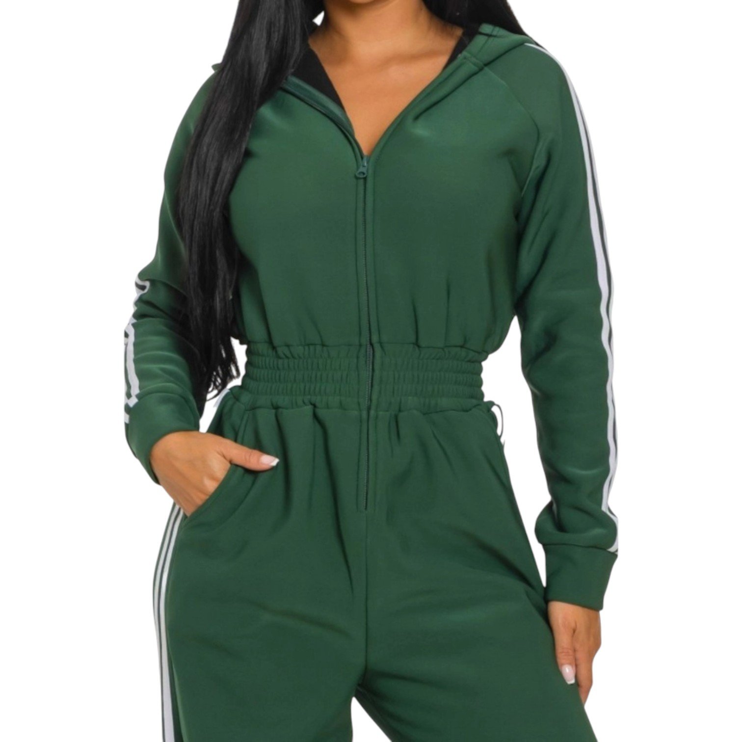 Women’s Luxe Stripe Jumpsuit – Zip-Up Hooded One-Piece - Image 12