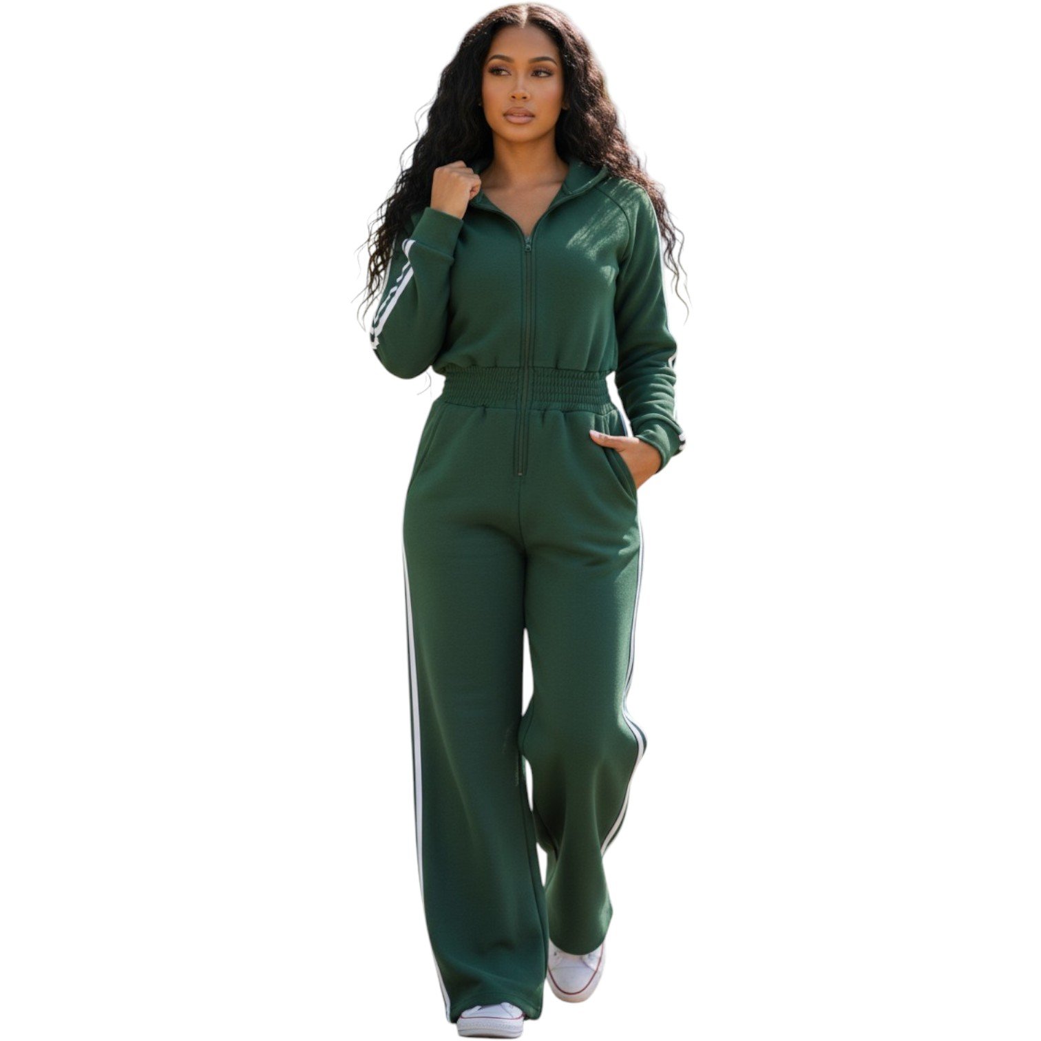 Women’s Luxe Stripe Jumpsuit – Zip-Up Hooded One-Piece - Image 2