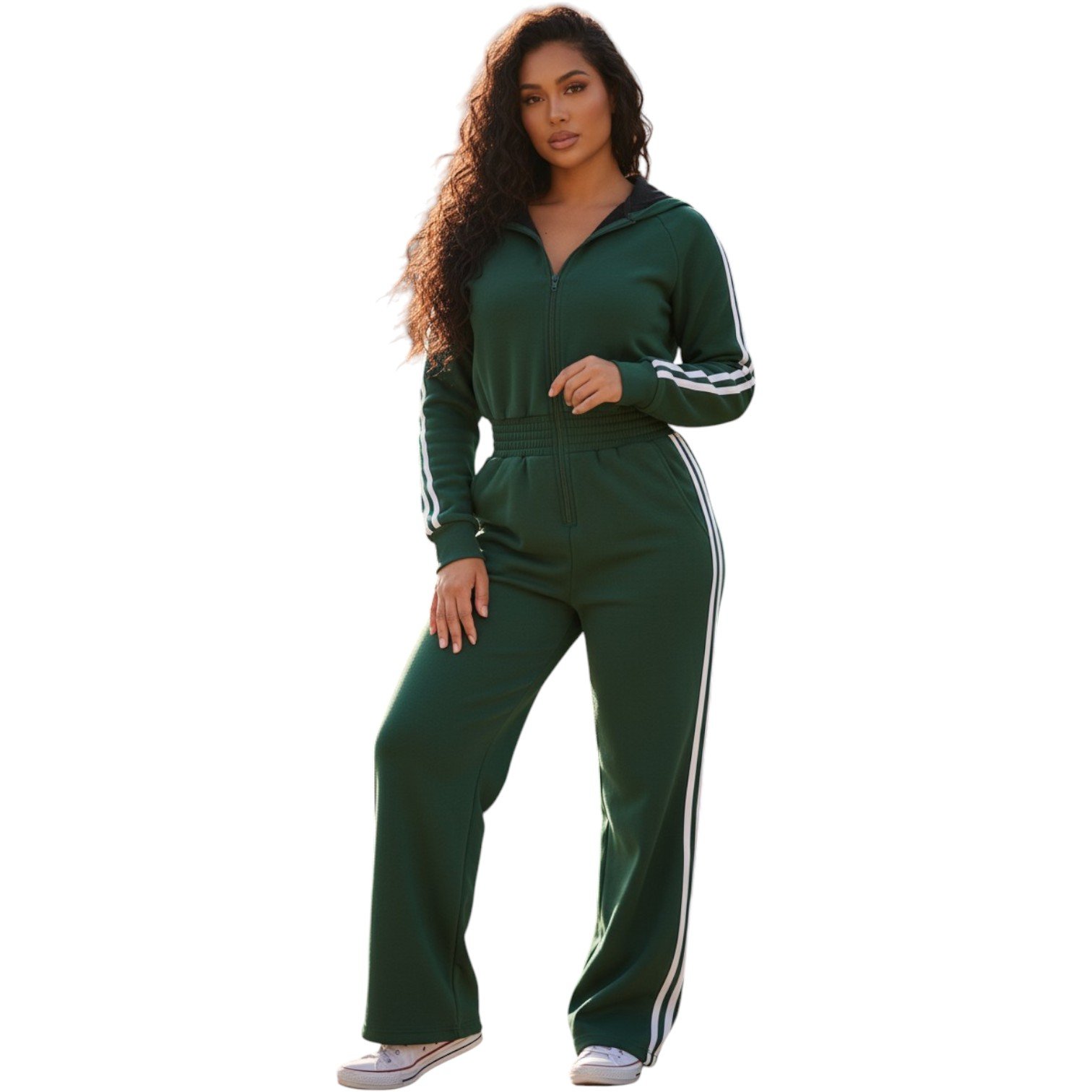 Women’s Luxe Stripe Jumpsuit – Zip-Up Hooded One-Piece - Image 6